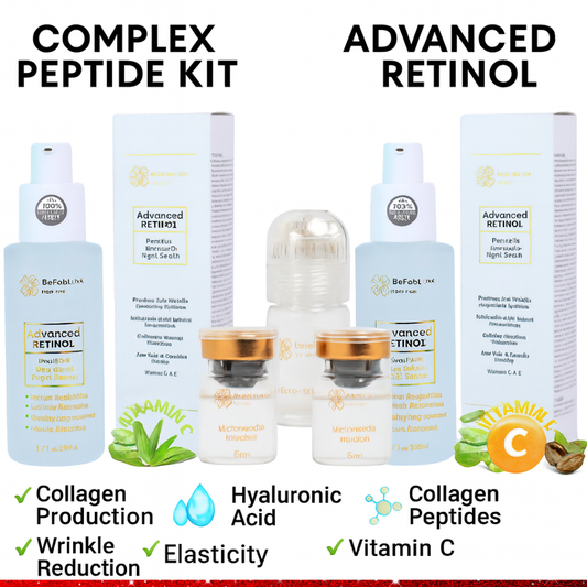 Skincare products with labels for Advanced Retinol, Complex Peptide Kit, Collagen Production, Wrinkle Reduction, Elasticity, Hyaluronic Acid, Collagen Peptides, and Vitamin C.