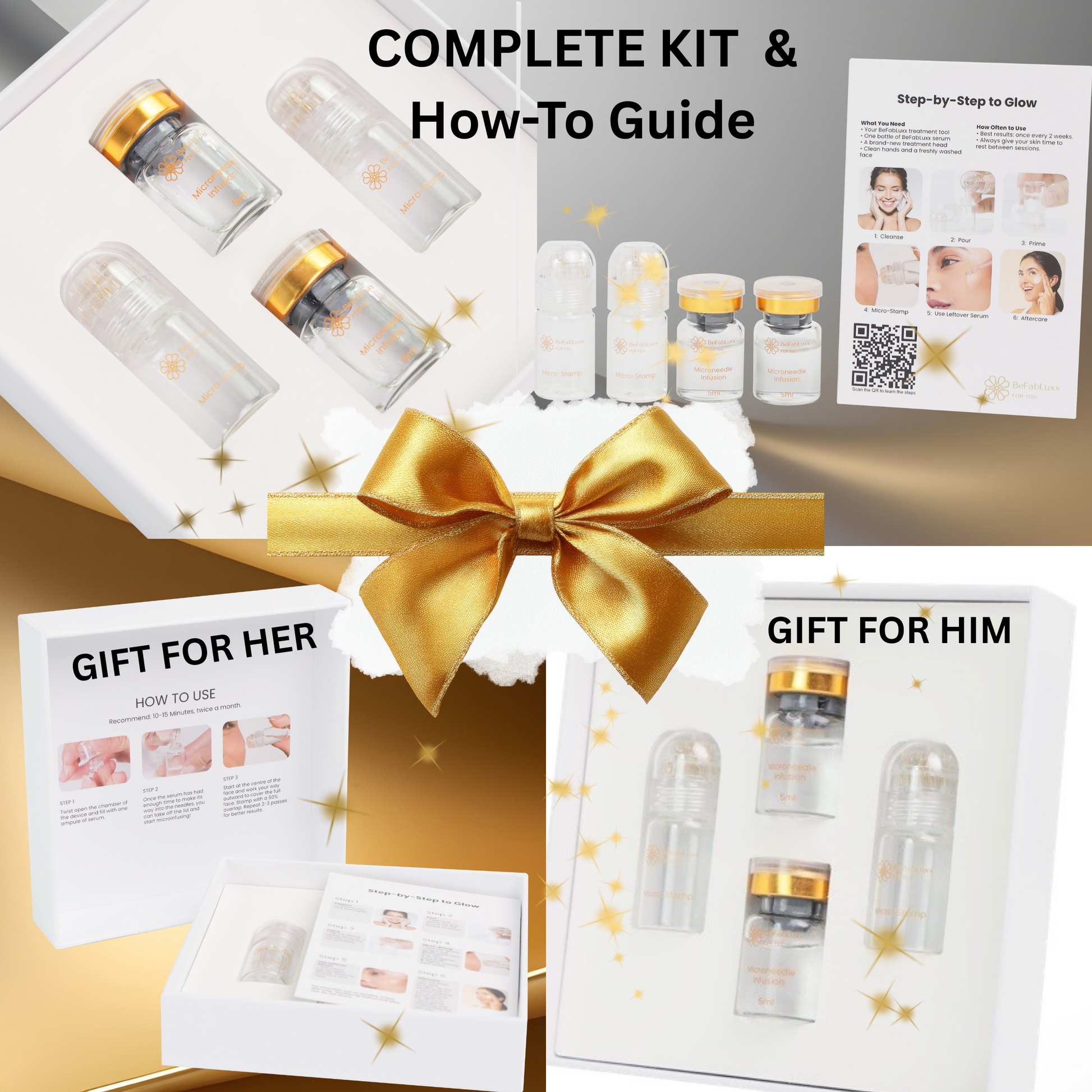 Cosmetic kit with bottles, a gold bow, and how-to guides for 'Gift for Her' and 'Gift for Him'.Main Product Bundle Image: "BeFabLuxx Complete Anti-Aging Starter Vault with 24K Gold Micro-infusion tool, Advanced Retinol serums, and Peptide infusion kit for a 3-month glass skin routine."

The 24K Gold Applicator (Close-up): "Professional-grade 24K gold-plated micro-infusion applicator with high-density needle array for deep peptide absorption and skin plumping."

Retinol & Vitamin C Serum Bottles: "BeFabLuxx 