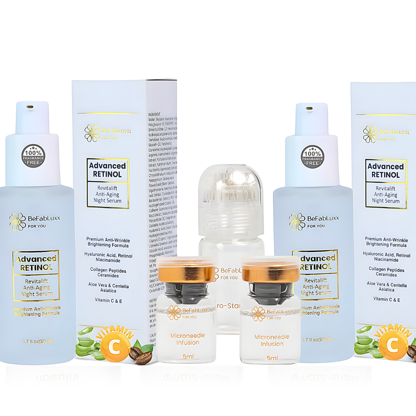 Main Product Bundle Image: "BeFabLuxx Complete Anti-Aging Starter Vault with 24K Gold Micro-infusion tool, Advanced Retinol serums, and Peptide infusion kit for a 3-month glass skin routine."

The 24K Gold Applicator (Close-up): "Professional-grade 24K gold-plated micro-infusion applicator with high-density needle array for deep peptide absorption and skin plumping."

Retinol & Vitamin C Serum Bottles: "BeFabLuxx Advanced Retinol BeFabulous skincare products including bottles and boxes on a white background