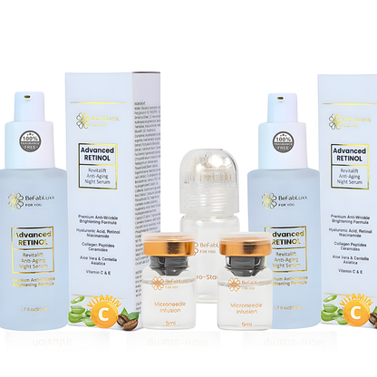 Main Product Bundle Image: "BeFabLuxx Complete Anti-Aging Starter Vault with 24K Gold Micro-infusion tool, Advanced Retinol serums, and Peptide infusion kit for a 3-month glass skin routine."

The 24K Gold Applicator (Close-up): "Professional-grade 24K gold-plated micro-infusion applicator with high-density needle array for deep peptide absorption and skin plumping."

Retinol & Vitamin C Serum Bottles: "BeFabLuxx Advanced Retinol BeFabulous skincare products including bottles and boxes on a white background
