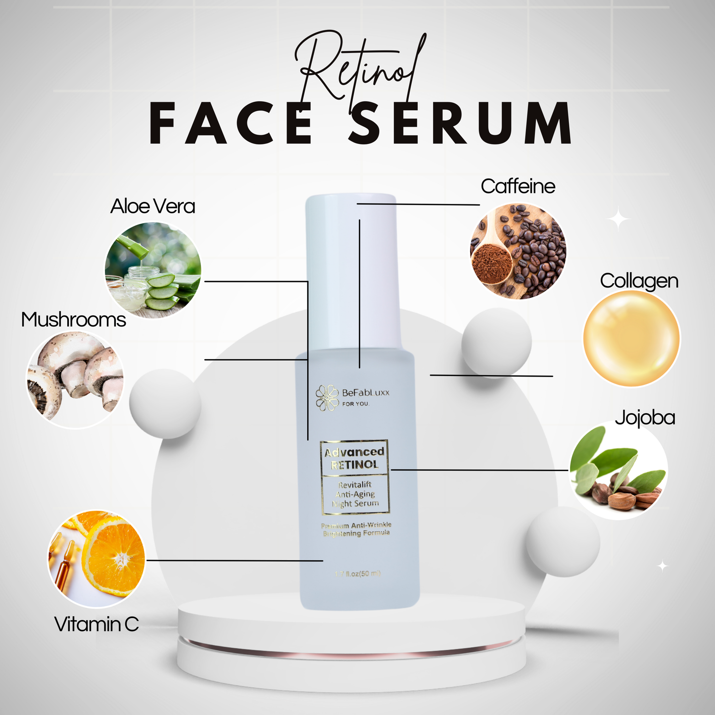 Retinol Night Serum All-In-One Anti-Aging Facial Serum Firms Face & Neck Hyaluronic Acid, Niacinamide, Collagen, Glycolic Acid, Ceramides, Vitamin C & E Brightens Smooths Wrinkles Dark Spots 1.7 Fl Oz