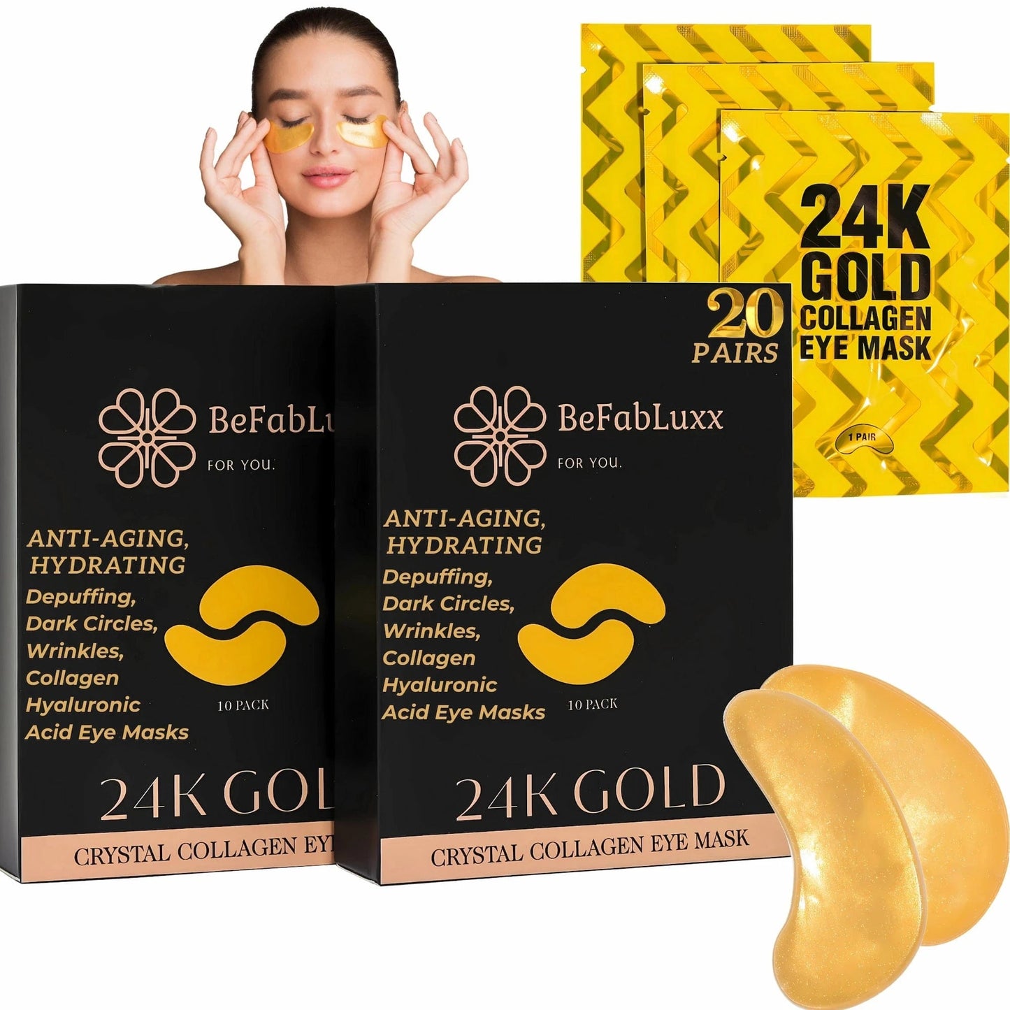 24K Gold Under Eye Patches (20 Pairs) Anti-Aging, Hydrating, Depuffing, Dark Circles, Wrinkles, Collagen & Hyaluronic Acid Eye Masks,Eye Gels Pads, Undereye Bags, Gift, Natural Cruelty-Free