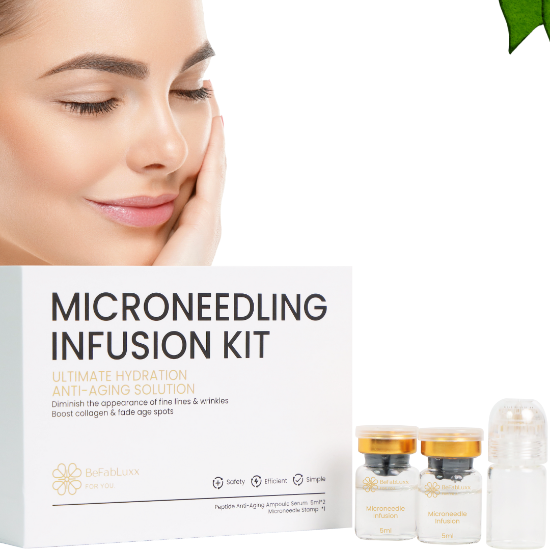 Image of the 0.5mm Stamp: "BeFabLuxx 0.5mm micro-infusion tool with Collagen and Bitter Orange Oil for deep hydration and glass skin."

Image of the Serum Vial: "At-home skin compounding serum featuring Hyaluronic Acid and Collagen Peptides for skin barrier repair.

Before & After Shot: "Micro-infusion results showing visible wrinkle reduction and skin plumping after a 90-day skin longevity cycle."

Packaging/Gift Image: "Luxury beauty gift vault with 24K gold precision applicator for professional-grade fa